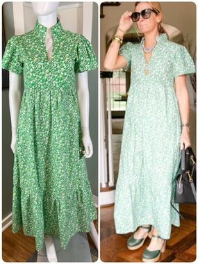 Hampton House Coco Maxi Dress Green Micro Floral Cotton Small S Boho Puff Sleeve